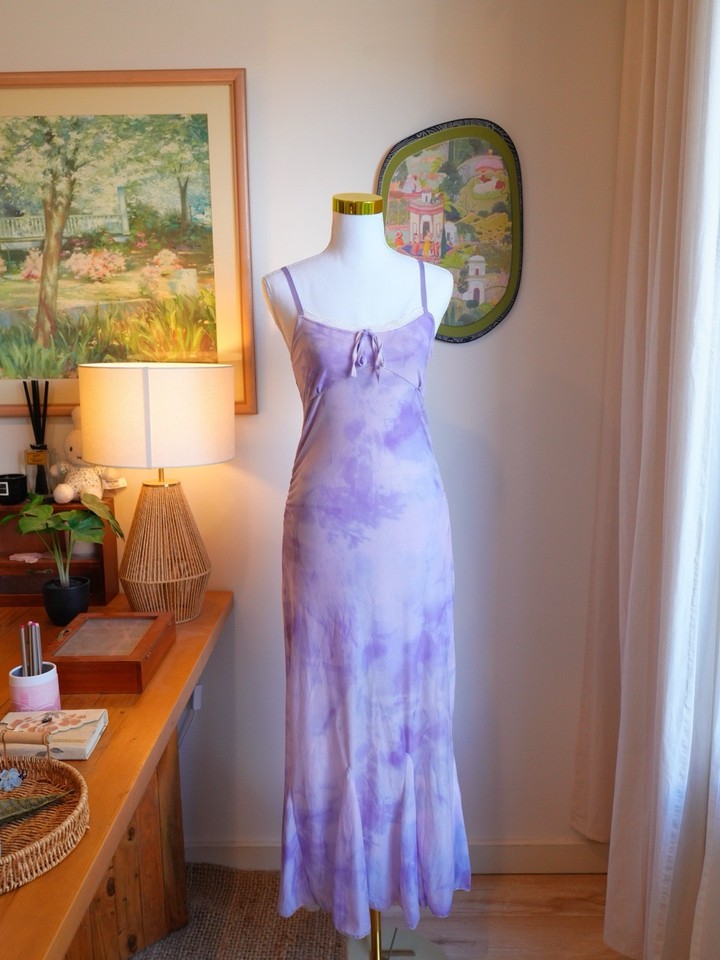 Vintage Y2K Lavender Tie Dye Maxi Dress Fairycore Slip Dress Romantic Size M
