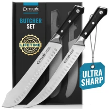 Butcher Knife Set – Cimeter Breaking & Bullnose Carving Knives for Meat Cutti...