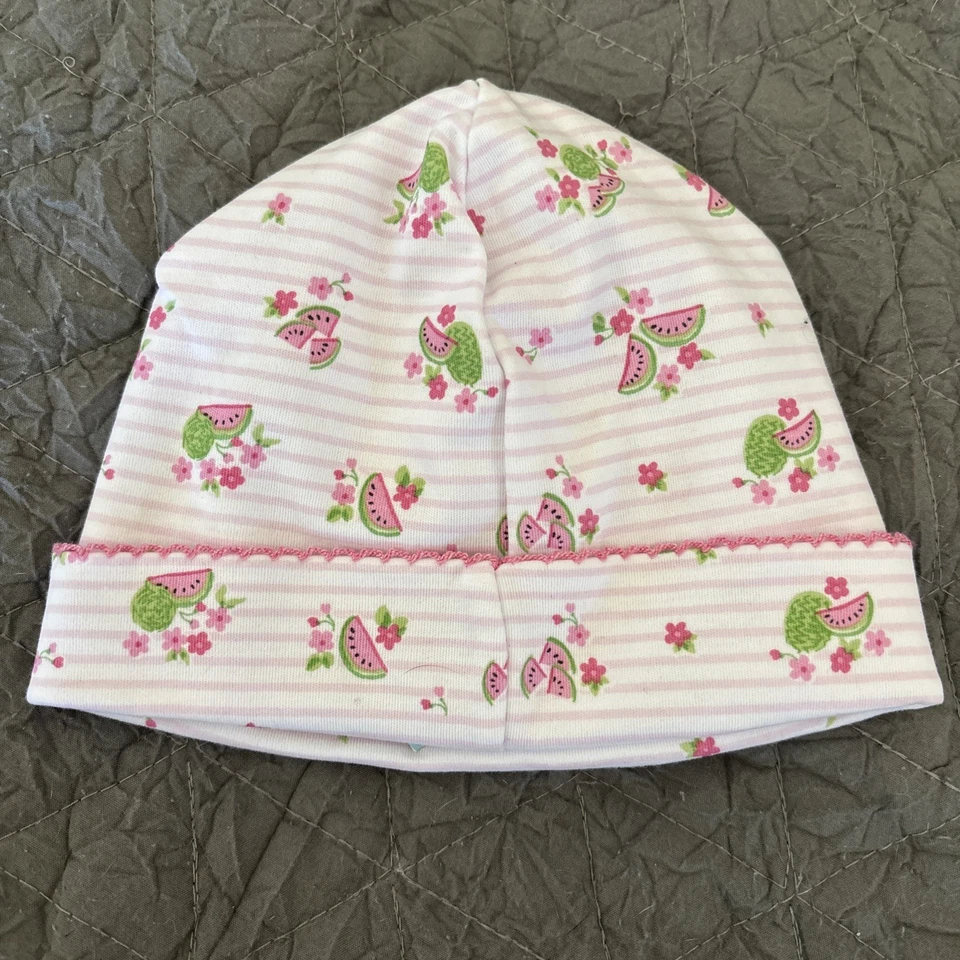Sombrero pequeño Kissy Kissy nuevo con etiquetas Pima algodón sandía rayas ganchillo borde 0-3 3-6 meses Foto 3 de 4