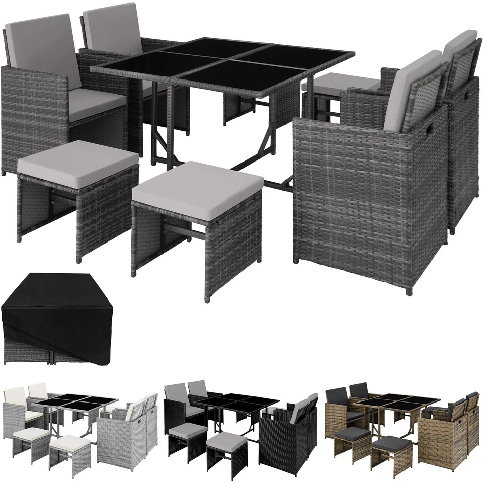 TECTAKE Polyrattan Sitzgarnitur Gartenmöbel Cube Lounge Essgruppe Set 4 Stühle 4 Hocker