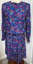 Vtg Liz Claiborne Sport Pleated Midi Skirt  Blouse Set Jewel Tone Floral Size 4