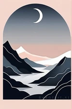 Minimalist Landscape Moonlit Mountain Poster Wall Art Picture