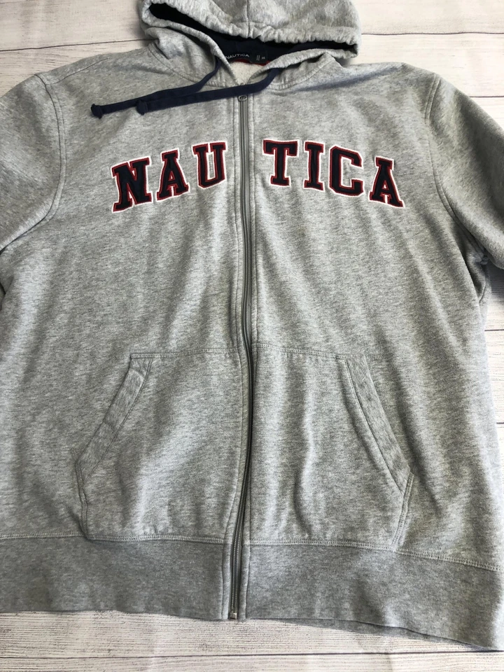 Nautica Hoodie Mens 2XL Gray Full Zip Hooded Sweatshirt Spell Out Logo Fleece - Image 2 of 4