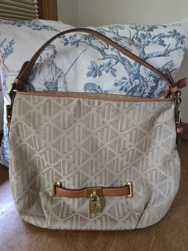 Lauren Ralph Lauren RLL Signature Monogram RLL Handbag Purse with Lock Tan Khaki - Picture 2 of 14