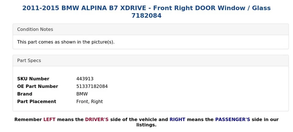 BMW ALPINA B7 XDRIVE 2011-2015 - Ventana puerta delantera derecha/vidrio 7182084 Foto 3 de 4