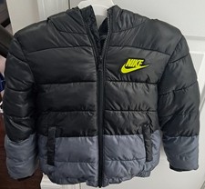 Nike Puffer Jacket Kids Black Colorblock Swoosh Logo Hooded Full Zipper 6-7 Yrs