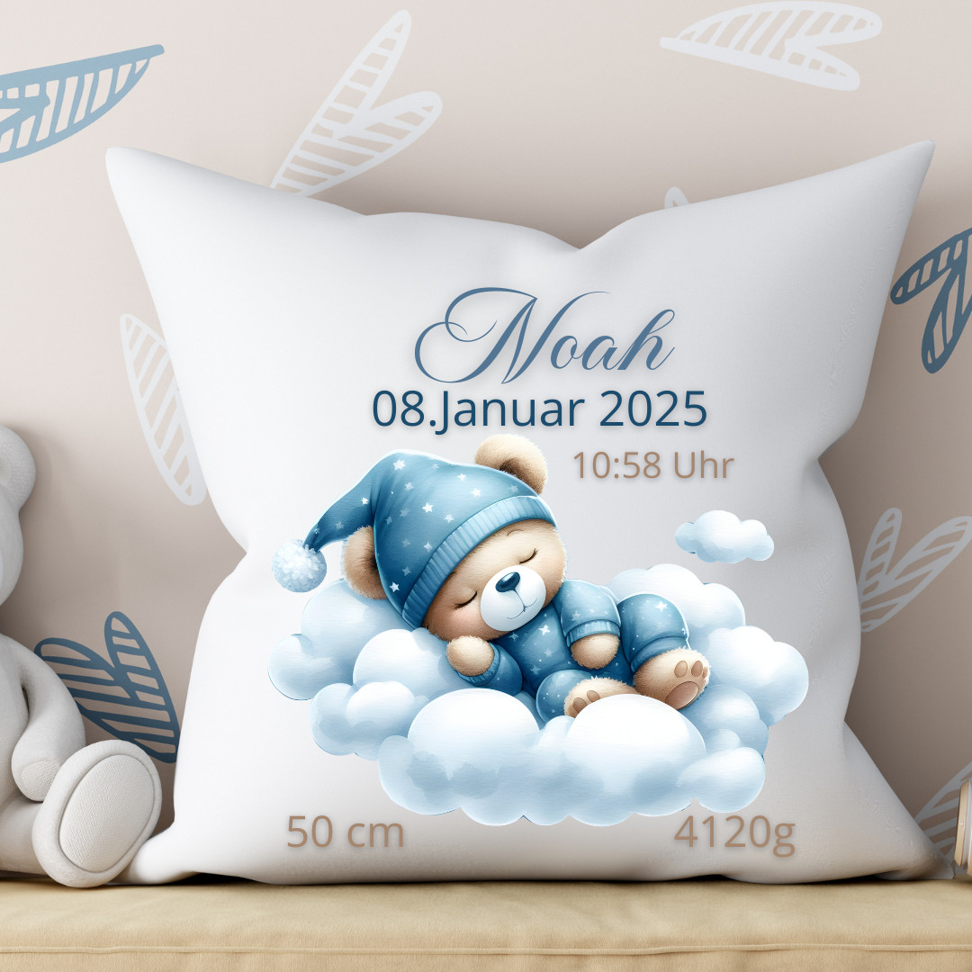 Personalisiertes Kissen – Schlafender Bär mit Geburtsdaten und Namen - Jungen Ba