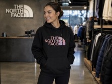 NWT 65 The North Face Pink Half Dome Logo Black Hoodie Sweatshirt Womens LG L