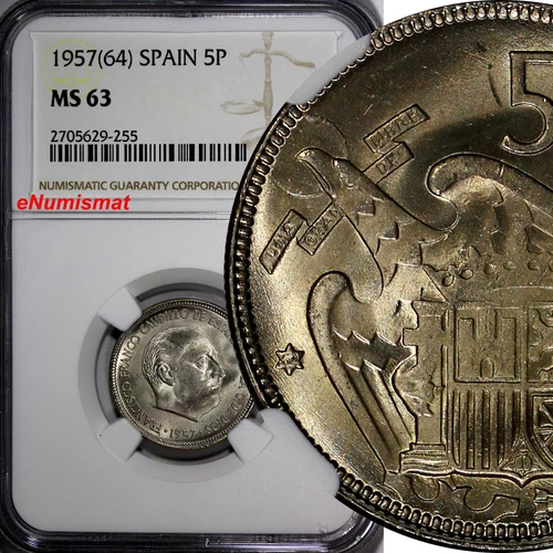 Spain Francisco Franco,Caudillo 1957(64) 5 Pesetas NGC MS63 TOP GRADED KM#786(5)