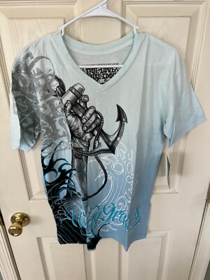 NWT True Love&False Idols BLUE MEN V-NECK T-Shirt SMALL TLFI LAST RITES LA MADE