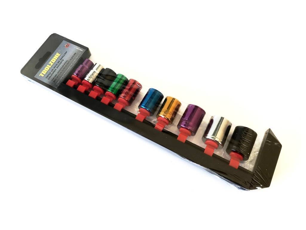 10Pce 3/8"" Drive Shallow Coloured Sockets Socket 10,11,12,13,14,15,16,17,18,19mm
