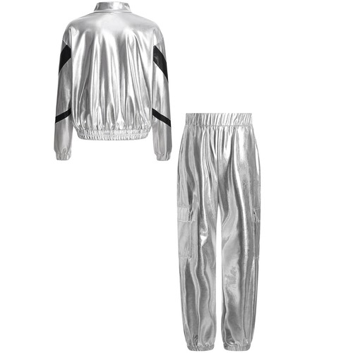 Girl's Hip Hop Dance Outfits Shiny Metallic Sparkly Jacket and Jogger Pants Set - Picture 24 of 36