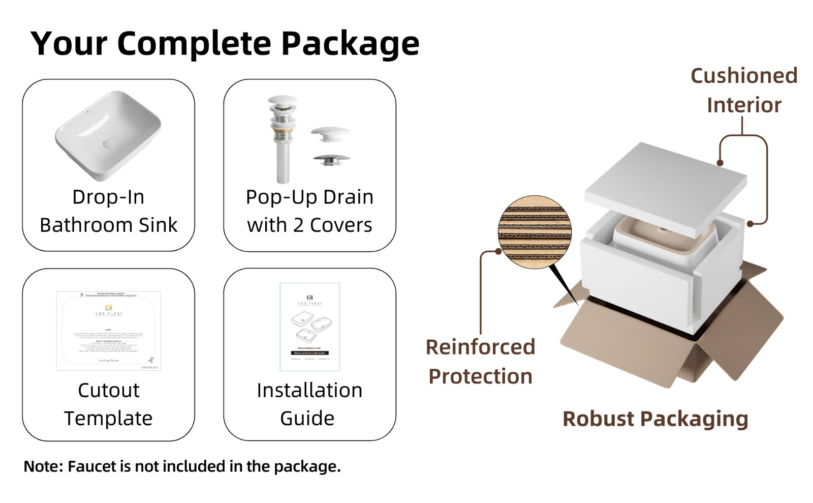 20 x 15 Inch Drop-In Bathroom Sink, White Ceramic Semi-Recessed Sink with Drain