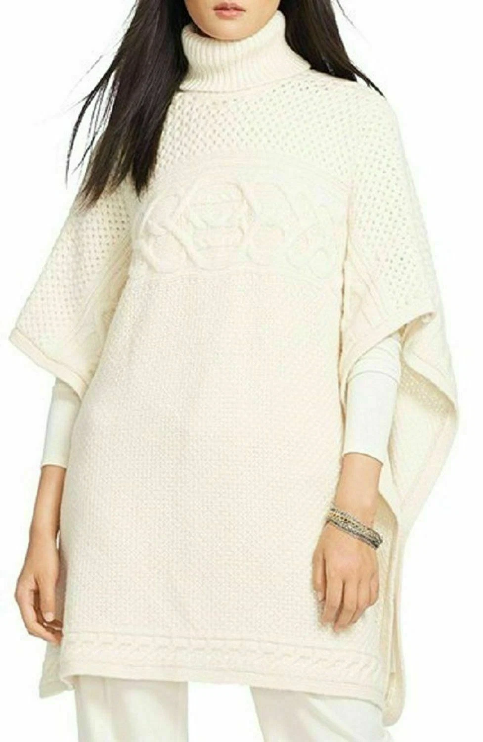 Lauren Ralph Lauren Modern Cream Wool Cable Knit Poncho Sweater New $375