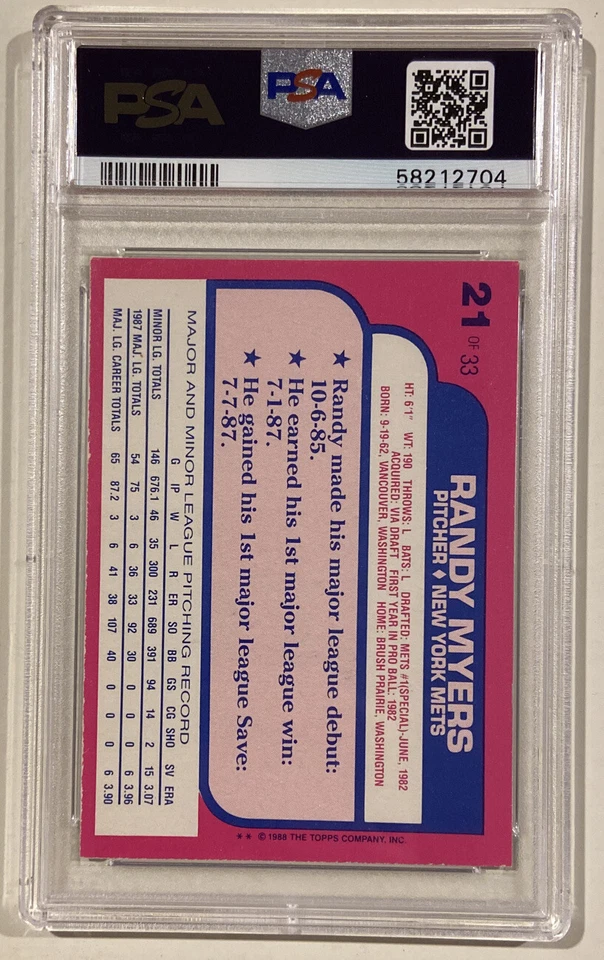 Tarjeta de béisbol Toys R Us Rookies 1988 firmada por Randy Myers PSA 5 certificado ADN 10 Foto 2 de 4