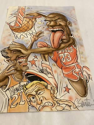 Vintage Micheal Jordan Chicago Bulls #23 Caricature Art Print Dunk Over Hawks