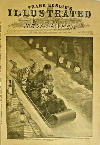 Montreal Canada, Winter Carnival, Tobogganing, Vintage 1877 Antique Art Print - Picture 1 of 1