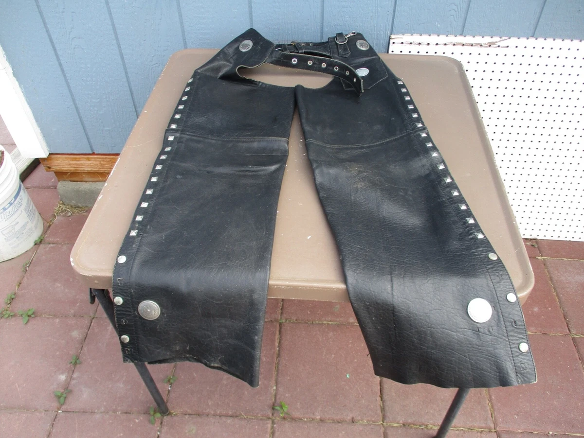 Custom Made Silver Dollar Mens Black Motorcycle Chaps Size 32 38