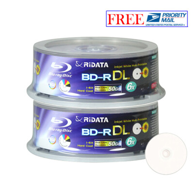 50 Pack Ridata Blu-ray BD-R DL Dual Layer 6X 50GB White Inkjet Printable Disc