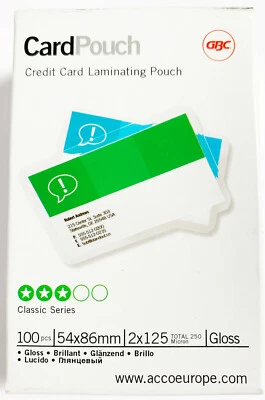 100 CREDIT CARD SIZED LAMINATING POUCHES 250 MICRONS 54 X 86MM GBC HIGH QUALITY