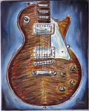 Gibson Les Paul Burst Guitar 001 Painting Original art Signed CROWELL wood 8x10