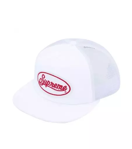 Casquette camionneur snapback supreme éponge dos maille 5 panneaux blanc rouge neuve à la main