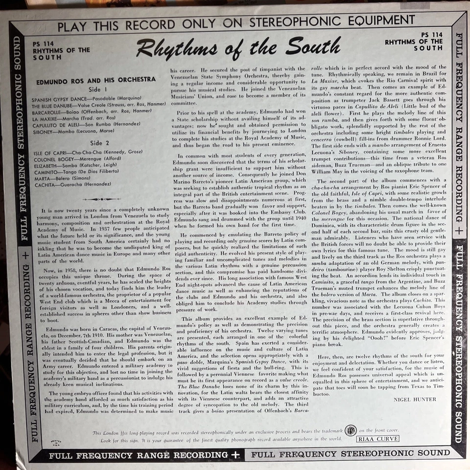 EDMUNDO ROS -RHYTHMS OF THE SOUTH LONDON RECORDS PS 114 VINYL RECORD BLUEBACK LP - Image 2 of 4