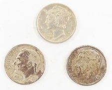 MIXED LOT OF 3 90% SILVER CIRCULATED DIMES - INV #1014