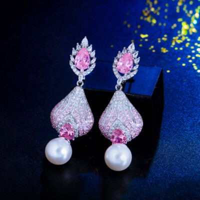 Exotic Silver Plated Pink CZ Zircon Long Geometric Dangle Wedding Pearl Earrings