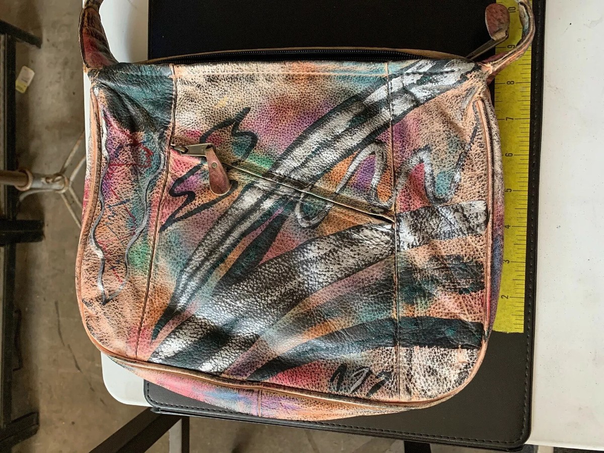 BOTARY Vintage 1980s Hand Painted Abstract Leather Shoulder Bag 