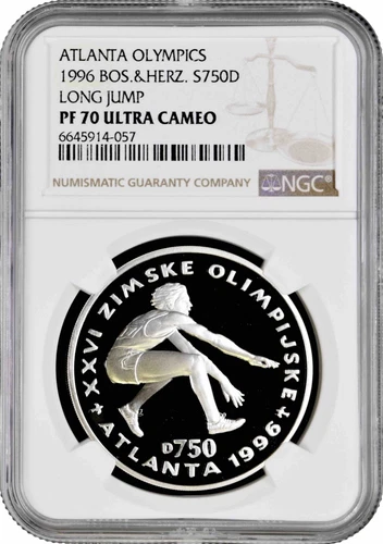 Bosnia & Herzegovina 750 dinara 1996, NGC PF70 UC, "Atlanta - Long Jump" Pop 1/0
