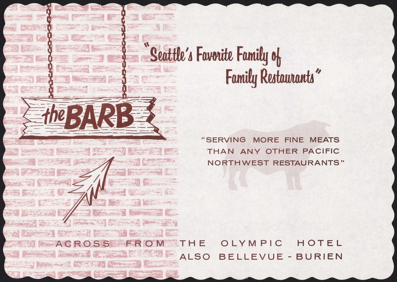 Vintage placemat THE BARB Favorite Family Restaurant Seattle Bellevue Burien WA