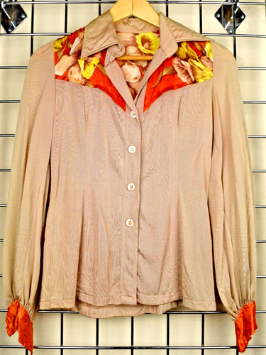 Western Shirt VTG 30s 40s Beige w Burnt Orange and Yellow Floral Satin Yoke S/M