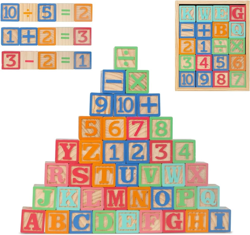 Bloques de alfabeto y números de madera seguros y duraderos con almacenamiento para niños de 1 a 3 años Foto 3 de 4