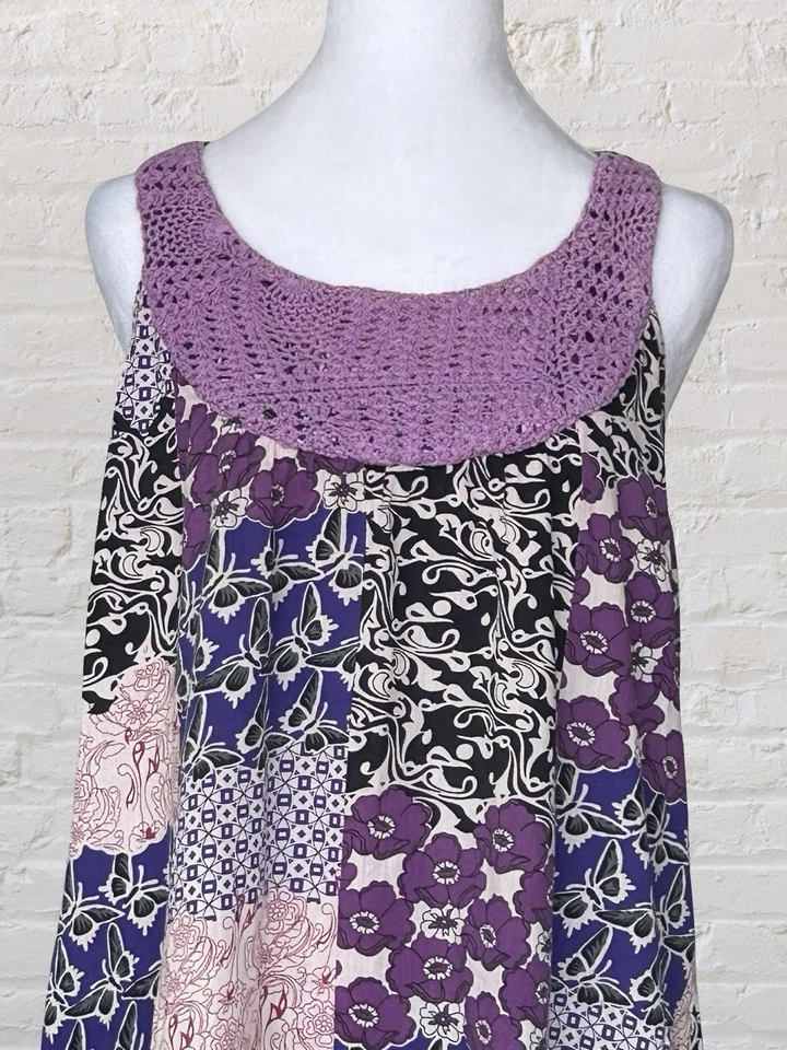 Винтажный влажный печати Y2K лоскутное одеяло крючком фиолетовый летнее платье Sz M богемный хиппи - Изображение 2 из 4