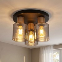 Deckenlampe Deckenleuchte Esszimmerleuchte Rauchglas Holz Schwarz 3 Flammig