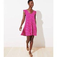 LOFT Womens Hot Pink Floral Flutter Sleeve V-Neck Relaxed Casual Dress Size S