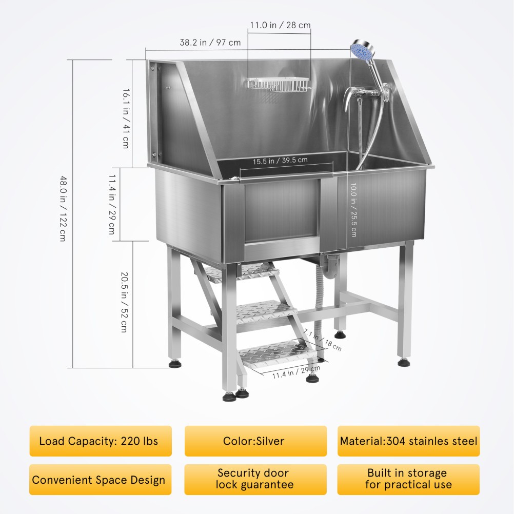 TOYANDONA  38" Stainless Steel Pet Grooming Tub Dog Bath Station & Stair Faucet