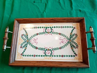 Wächtersbach Tablett, ca.1900, Boden aus Keramik, Eichenrahmen, 29x19cm - Bild 1 von 4