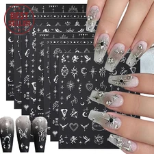 8pc Silver Metallic Nail Stickers 3D Star Moon Sun Butterfly Holographic Art