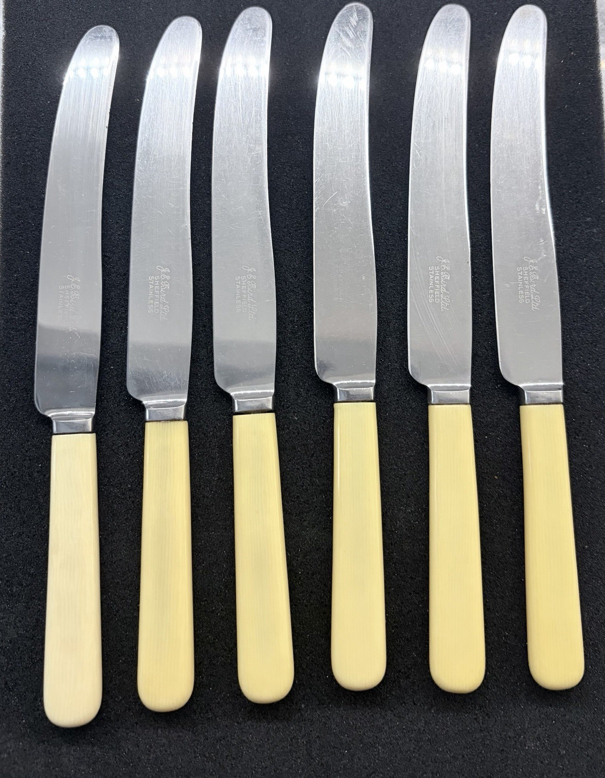 Set of 6 Vintage Sheffield J E Bird Ltd Bone Handle Dinner Knives 9” Long 1931