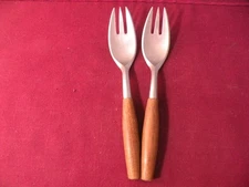 2 Danskl FJORD Salad Forks Teak Handle Stainless Steel Flatware Germany 6 1/2" B