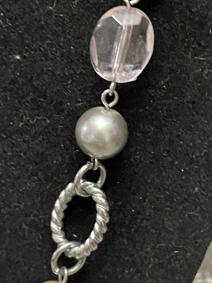 Premier Designs Silver Tone Necklace Pink Beads & Pearls Multi Link Modern - Image 3 of 4