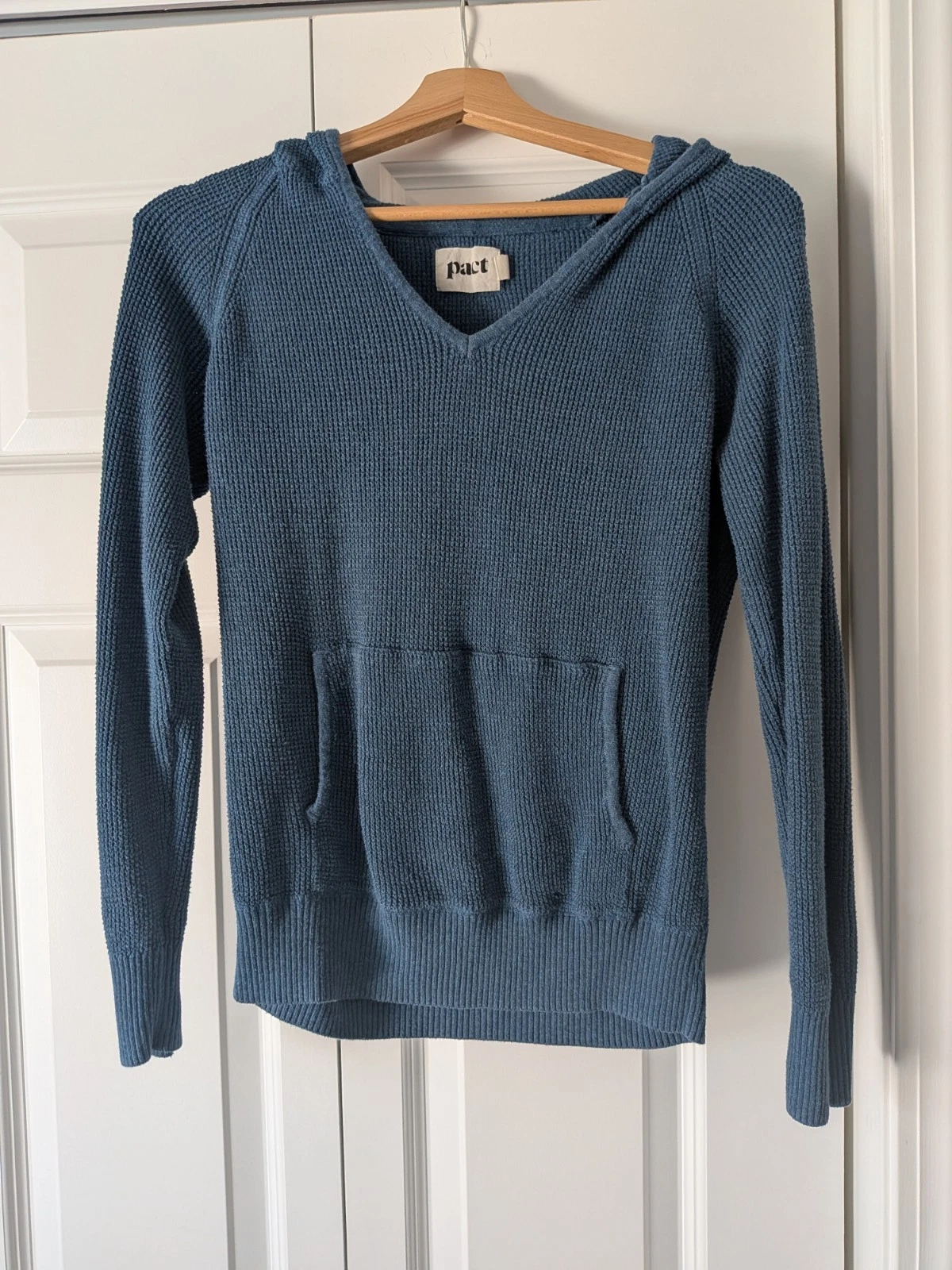 S Pact Thermal Waffle Pullover Hoodie Organic Cotton Blue Teal Pocket Hood Small