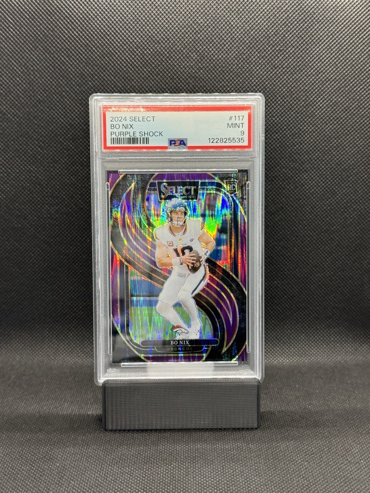 2024 Panini Select Bo Nix Purple Prizm Shock /360 #117 Premier Level (RC) PSA 9