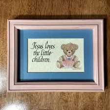 VTG Cottagecore Nursery Hanging Wall Decor Teddy Bear Jesus Signed Pink Blue