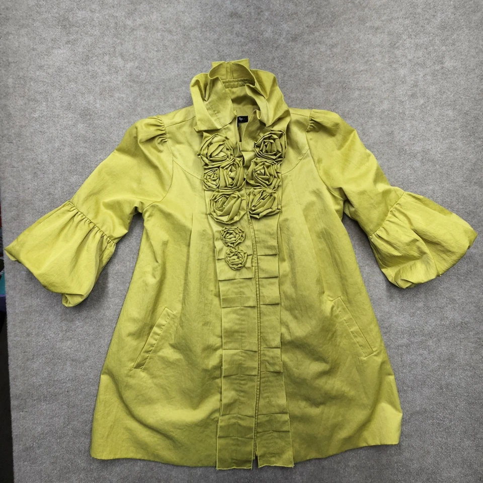 Túnica Anthropologie RYU 3D rosa babado botão frontal tamanho médio vibrante Chartreuse - Imagem 3 de 4