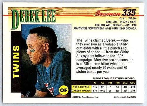 1993 Bowman Derek Lee Minnesota Twins #335 - Picture 2 of 2
