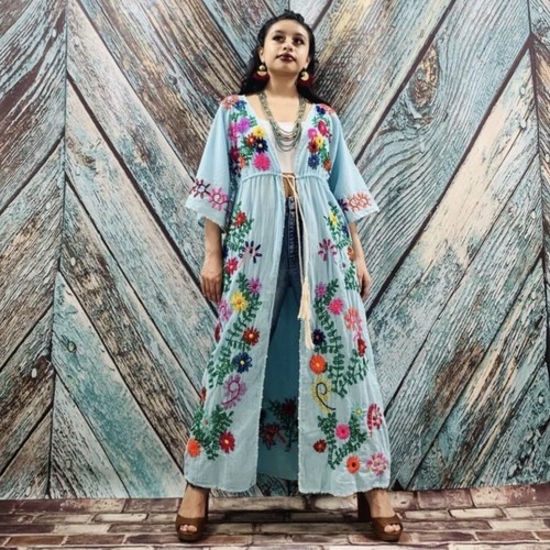 Sabreena Embroidered Maxi Top Tunic Kimono Duster Cardi, Dress Featival Dress - Picture 4 of 11