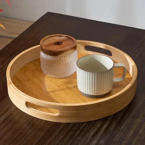 Round Wooden Serving Tray Tea Food Server Kitchen Wooden Tray 25/30/35/40cm UK - Picture 3 of 16
